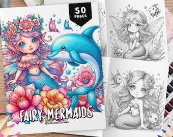 50 Fairy Mermaid Coloring Pages, Coloring Sheets, Coloring For Kids & Adults, Fantasy Coloring, Fairies Coloring Book, Coloring Sheets