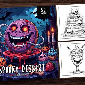 50 kusliga Halloween-målarböcker med desserter, målarbilder med kusliga desserter, målarbilder för barn, kusliga målarbilder, målarbilder med läskiga godsaker