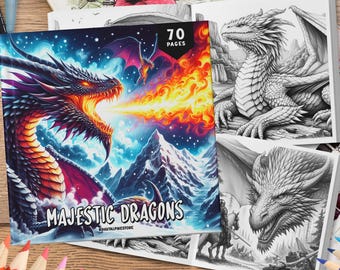70 Majestic Dragon Coloring Book, Grayscale Coloring, Coloring Sheets, Dragon Coloring Book, Fantasy Coloring Book, Relaxation Coloring