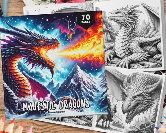 70 Majestic Dragon Coloring Book, Grayscale Coloring, Coloring Sheets, Dragon Coloring Book, Fantasy Coloring Book, Relaxation Coloring