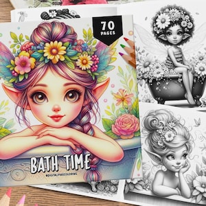 70 Bath Time Coloring Book, Coloring Sheets, Grayscale Coloring Book, Fantasy Coloring, Girls Coloring Book, Coloring Book For Adults & Kids