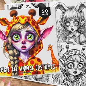50 Zombie Elf Animal Costumes Coloring Book, Grayscale Coloring, Coloring Sheets, Fantasy Coloring, Halloween Coloring Book, Creepy Coloring