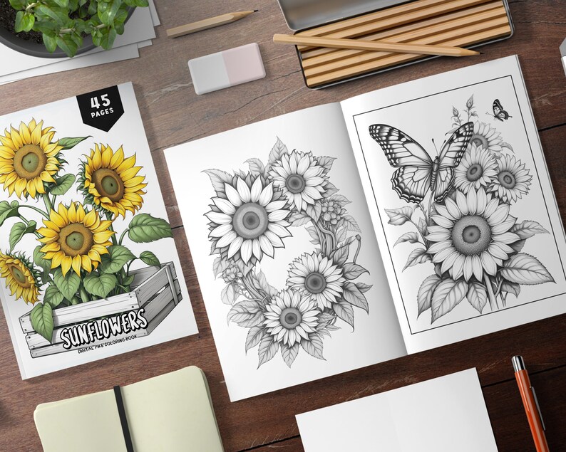 May include: A coloring book with 45 pages featuring detailed illustrations of sunflowers and a butterfly. The cover shows a bouquet of sunflowers in a wooden crate. The book is titled "Sunflowers: Botanical Themed Coloring Book".