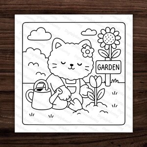 May include: Black and white line art of a cat gardening. The cat wears overalls and a flower in its hair, watering a tulip. A sign reads "GARDEN" next to a sunflower. A watering can and clouds are also present.