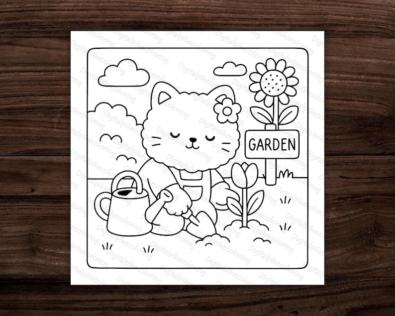 May include: Black and white line art of a cat gardening. The cat wears overalls and a flower in its hair, watering a tulip. A sign reads "GARDEN" next to a sunflower. A watering can and clouds are also present.