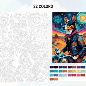 Peut inclure: Un kit de peinture par num&eacute;ros repr&eacute;sentant un chien en blouson de cuir sur une moto, dans un paysage d&eacute;sertique. Le kit comprend un contour cod&eacute; par couleur et une palette de 32 couleurs. Le texte "32 COLORS" est en haut.
