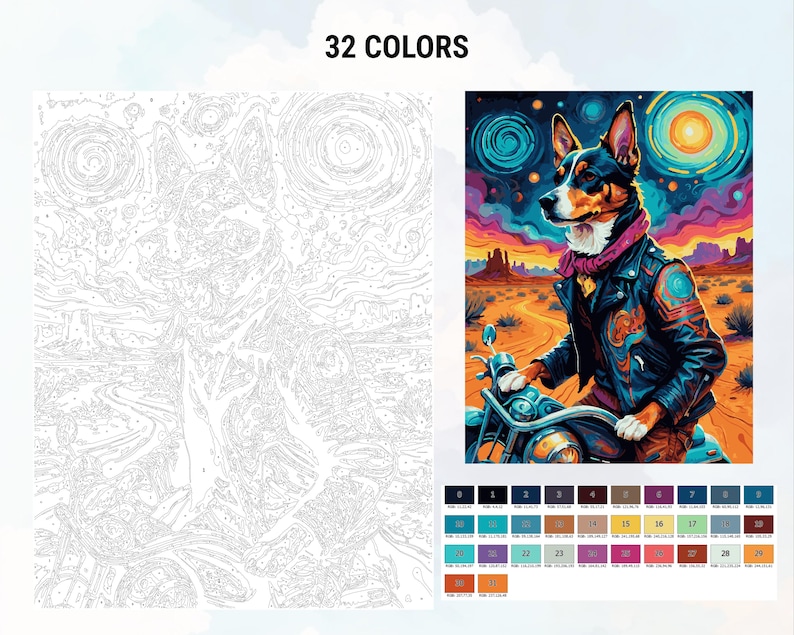 Peut inclure: Un kit de peinture par num&eacute;ros repr&eacute;sentant un chien en blouson de cuir sur une moto, dans un paysage d&eacute;sertique. Le kit comprend un contour cod&eacute; par couleur et une palette de 32 couleurs. Le texte "32 COLORS" est en haut.