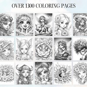 May include: A collection of 16 black and white coloring pages featuring fairies, animals, and floral designs. The pages are part of a larger set of over 1300 coloring pages.