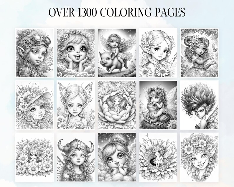 May include: A collection of 16 black and white coloring pages featuring fairies, animals, and floral designs. The pages are part of a larger set of over 1300 coloring pages.