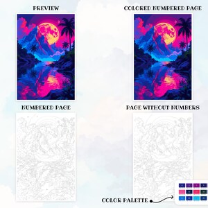 May include: A paint-by-numbers kit showing a colourful landscape with a large yellow moon, mountains, and palm trees reflected in the water. The kit includes a preview, a numbered page, a coloured numbered page, a page without numbers, and a colour palette.
