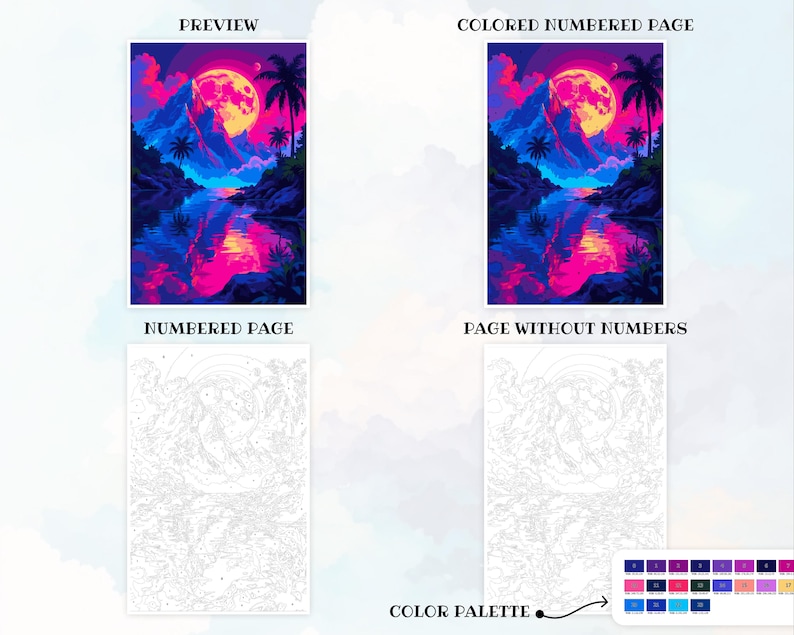 May include: A paint-by-numbers kit showing a colourful landscape with a large yellow moon, mountains, and palm trees reflected in the water. The kit includes a preview, a numbered page, a coloured numbered page, a page without numbers, and a colour palette.