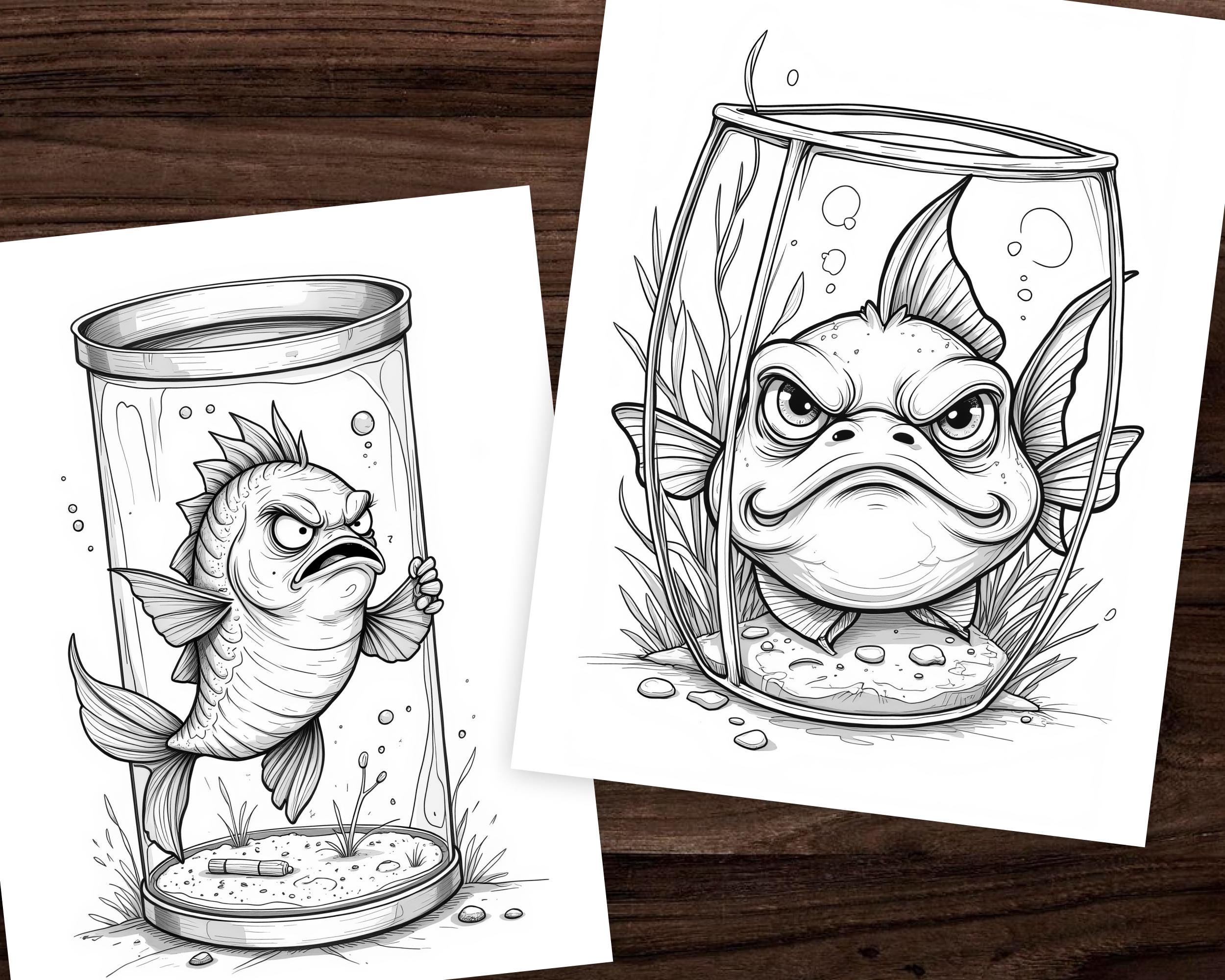 40 Angry Fish Coloring Book, Grayscale Coloring, Coloring Sheets ...