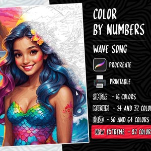Puede incluir: Página para colorear por números con una sirena de pelo largo azul y rosa, que lleva un sujetador y una cola de concha de mar de colores. La imagen se titula "Wave Song" e incluye instrucciones para diferentes niveles de dificultad: Simple, Medio, Difícil y Nuevo Extremo.