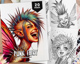 Páginas para colorear de hadas, libro para colorear en escala de grises, hojas para colorear, páginas para colorear para adultos, páginas para colorear punk, páginas para colorear de hadas punk, PDF imprimible