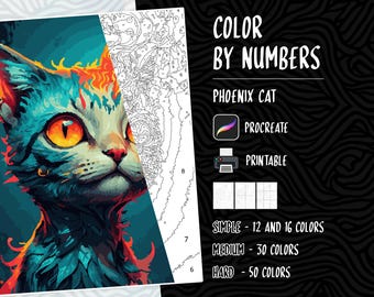May include: Color by numbers painting of a blue and orange cat with a phoenix design. The image includes the title "Phoenix Cat" and options for simple, medium, and hard difficulty levels with different color counts.