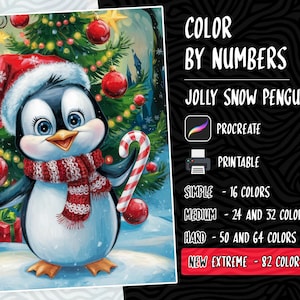 Puede incluir: Una página de colorear digital con un pingüino de dibujos animados que lleva una bufanda roja y blanca y sostiene un bastón de caramelo. El pingüino está de pie frente a un árbol de Navidad con adornos rojos. El texto "COLOR BY NUMBERS" y "JOLLY SNOW PENGUIN" se muestra encima del pingüino. El texto "NEW EXTREME - 82 COLORS" se muestra debajo del pingüino.