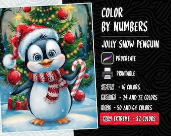 May include: A digital coloring page featuring a cartoon penguin wearing a red and white scarf and holding a candy cane. The penguin is standing in front of a Christmas tree with red ornaments. The text "COLOR BY NUMBERS" and "JOLLY SNOW PENGUIN" is displayed above the penguin. The text "NEW EXTREME - 82 COLORS" is displayed below the penguin.