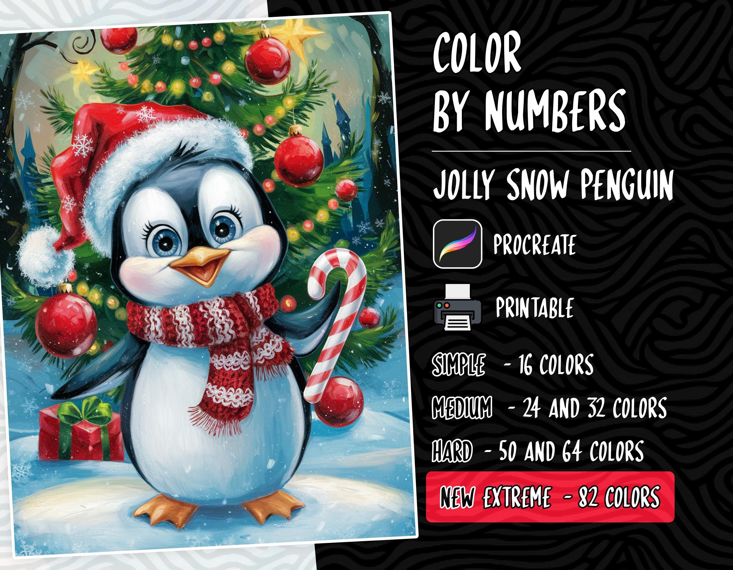 Jolly Snow Penguin Color by Number – Digital Coloring Pages for Adults & Kids, Printable PDF/PNG/SVG, Procreate Paint by Numbers Christmas