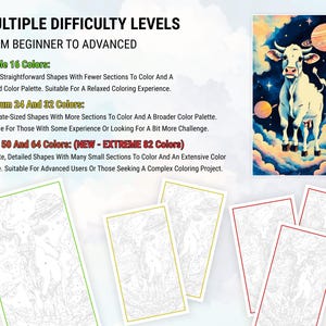 May include: A coloring book featuring a cow standing in a field of clouds with stars and planets. The book offers multiple difficulty levels, from simple to hard, with different color counts for each level. The levels are labeled "Simple 16 Colors", "Medium 24 and 32 Colors", and "Hard 50 and 64 Colors (NEW - EXTREME 82 Colors)".