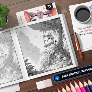 May include: A black and white coloring book with 25 pages featuring a cute cat character in a jungle setting. The book includes both dark and light versions of the illustrations.