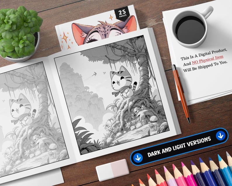 May include: A black and white coloring book with 25 pages featuring a cute cat character in a jungle setting. The book includes both dark and light versions of the illustrations.