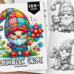 100+ Patchwork Gnome Coloring Book, Grayscale Coloring, Coloring Sheets, Garden Gnome Coloring Book, Patchwork Coloring, Stress Relief