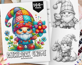 100+ Patchwork Gnome Coloring Book, Grayscale Coloring, Coloring Sheets, Garden Gnome Coloring Book, Patchwork Coloring, Stress Relief