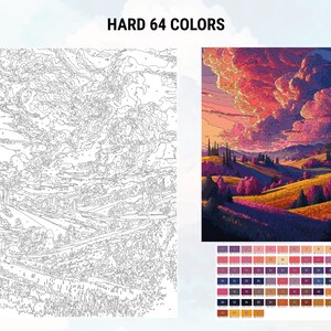 以下が含まれることがあります： 丘陵、木々、そして鮮やかな夕焼けの空が描かれた風景画のペイントバイナンバーキット。このキットには64色が入っており、「HARD」と表示されています。