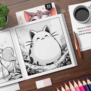 May include: A black and white coloring book with 25 pages featuring illustrations of cute cats. The cover shows a cat with a surprised expression. The text "25 PAGES" is printed on the cover.