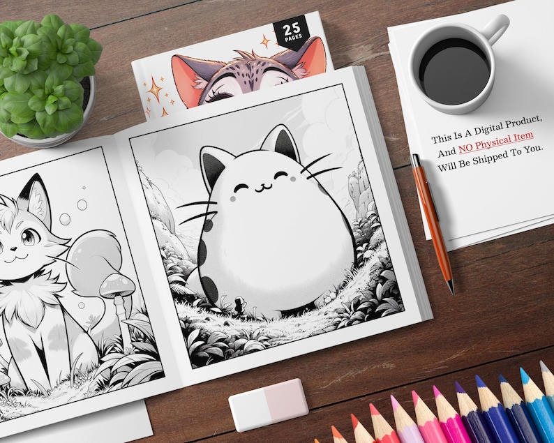 May include: A black and white coloring book with 25 pages featuring illustrations of cute cats. The cover shows a cat with a surprised expression. The text "25 PAGES" is printed on the cover.