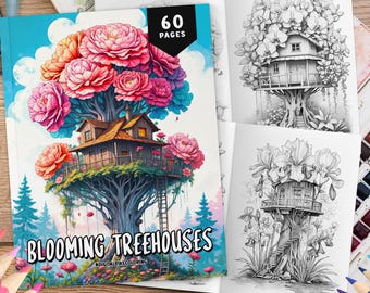 60 Blooming Treehouses Coloring Pages, Coloring Sheets, Fantasy Coloring, Grayscale Coloring Book for Adults, Flowers Coloring Book