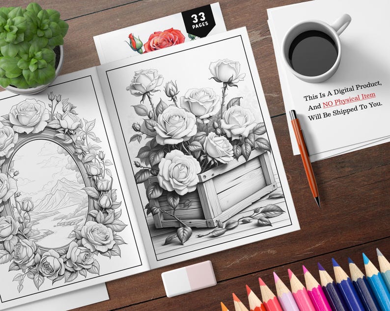 K&ouml;nnte beinhalten: Eine Schwarzwei&szlig;-Malvorlage mit zwei Illustrationen von Rosen. Die erste Illustration zeigt einen Rosenstrau&szlig; in einer Holzkiste. Die zweite Illustration zeigt einen Rosenkranz, der einen runden Rahmen mit einer Landschaftsszene im Inneren umgibt. Der Text "33 PAGES" ist in der oberen rechten Ecke der Seite gedruckt.