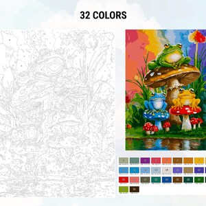 May include: A paint by numbers kit featuring three frogs sitting on mushrooms. The frogs are green, blue, and yellow. The mushrooms are red, brown, and blue. The background is a colorful abstract design. 32 colors are included in the kit.