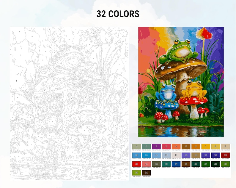 May include: A paint by numbers kit featuring three frogs sitting on mushrooms. The frogs are green, blue, and yellow. The mushrooms are red, brown, and blue. The background is a colorful abstract design. 32 colors are included in the kit.