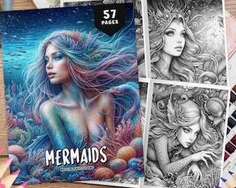 57 Mermaids Coloring Book For Adults, Grayscale Coloring Pages, Women Coloring, Underwater Mermaids, Fantasy Coloring, Coloring Sheets