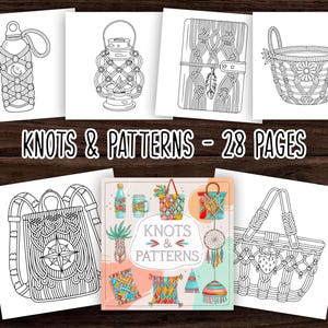 Könnte beinhalten: Ein Set mit 28 druckbaren Malvorlagen mit verschiedenen Knoten- und Makrameemustern. Die Seiten enthalten Designs für eine Wasserflasche, eine Laterne, ein Tagebuch, eine Einkaufstasche und einen Korb.