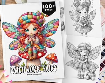 Libro para colorear de hadas con 100 dibujos de patchwork, dibujos en escala de grises, hojas para colorear, libro para colorear de hadas, libro para colorear con patchwork, dibujos para aliviar el estrés