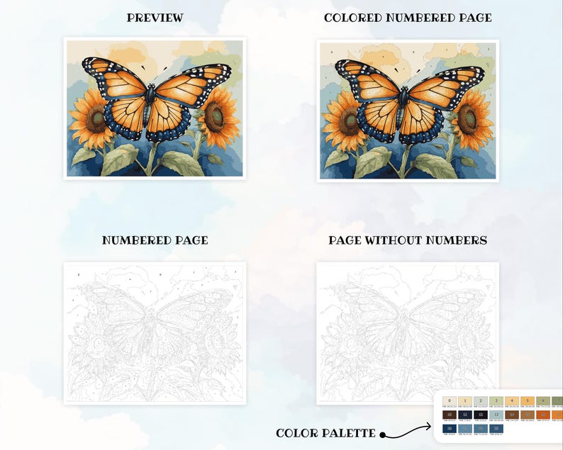 Butterfly Coloring Color by Numbers Digital Coloring Paint by Numbers Procreate Coloring Book iPad Coloring Page Floral Butterfly Coloring
