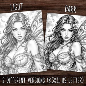 Puede incluir: Dos ilustraciones en escala de grises de un hada con cabello largo y fluido, acentos florales y alas detalladas. Los textos "LIGHT" y "DARK" est&aacute;n encima de cada imagen. El texto "2 DIFFERENT VERSIONS (8.5X11 US LETTER)" est&aacute; debajo.