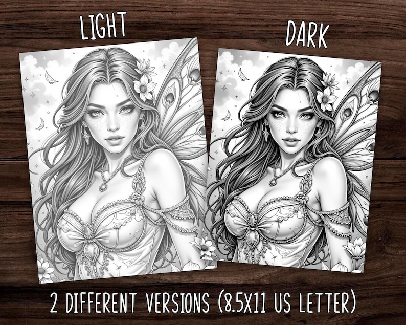 Puede incluir: Dos ilustraciones en escala de grises de un hada con cabello largo y fluido, acentos florales y alas detalladas. Los textos "LIGHT" y "DARK" est&aacute;n encima de cada imagen. El texto "2 DIFFERENT VERSIONS (8.5X11 US LETTER)" est&aacute; debajo.