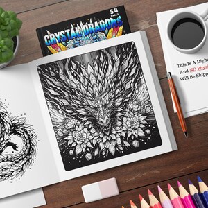 Puede incluir: Un libro para colorear en blanco y negro con un dise&ntilde;o de drag&oacute;n en la portada. El texto de la portada dice "Crystal Dragons" y "54 Pages".
