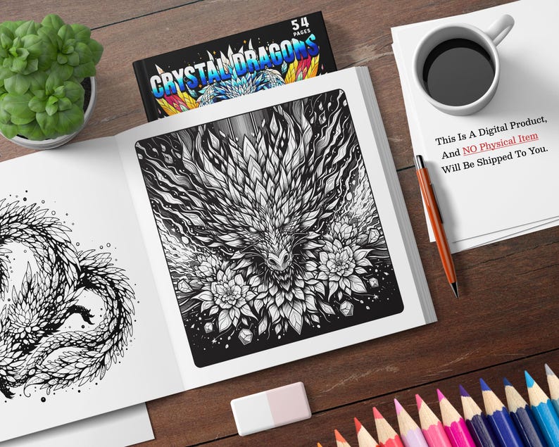 Puede incluir: Un libro para colorear en blanco y negro con un dise&ntilde;o de drag&oacute;n en la portada. El texto de la portada dice "Crystal Dragons" y "54 Pages".