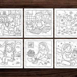 May include: Six monochrome illustrations showing different scenes. One features a person by a fireplace, another baking, and a third playing in leaves. Other scenes include swinging, knitting, and holding a jar under the night sky.