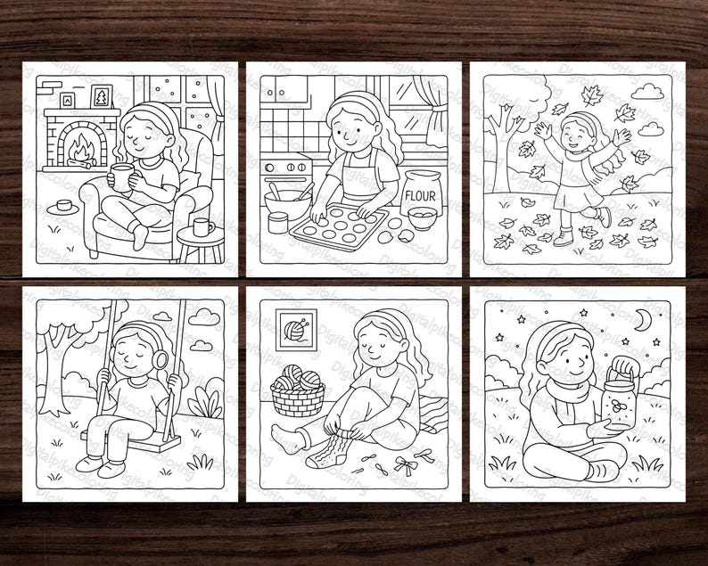 May include: Six monochrome illustrations showing different scenes. One features a person by a fireplace, another baking, and a third playing in leaves. Other scenes include swinging, knitting, and holding a jar under the night sky.