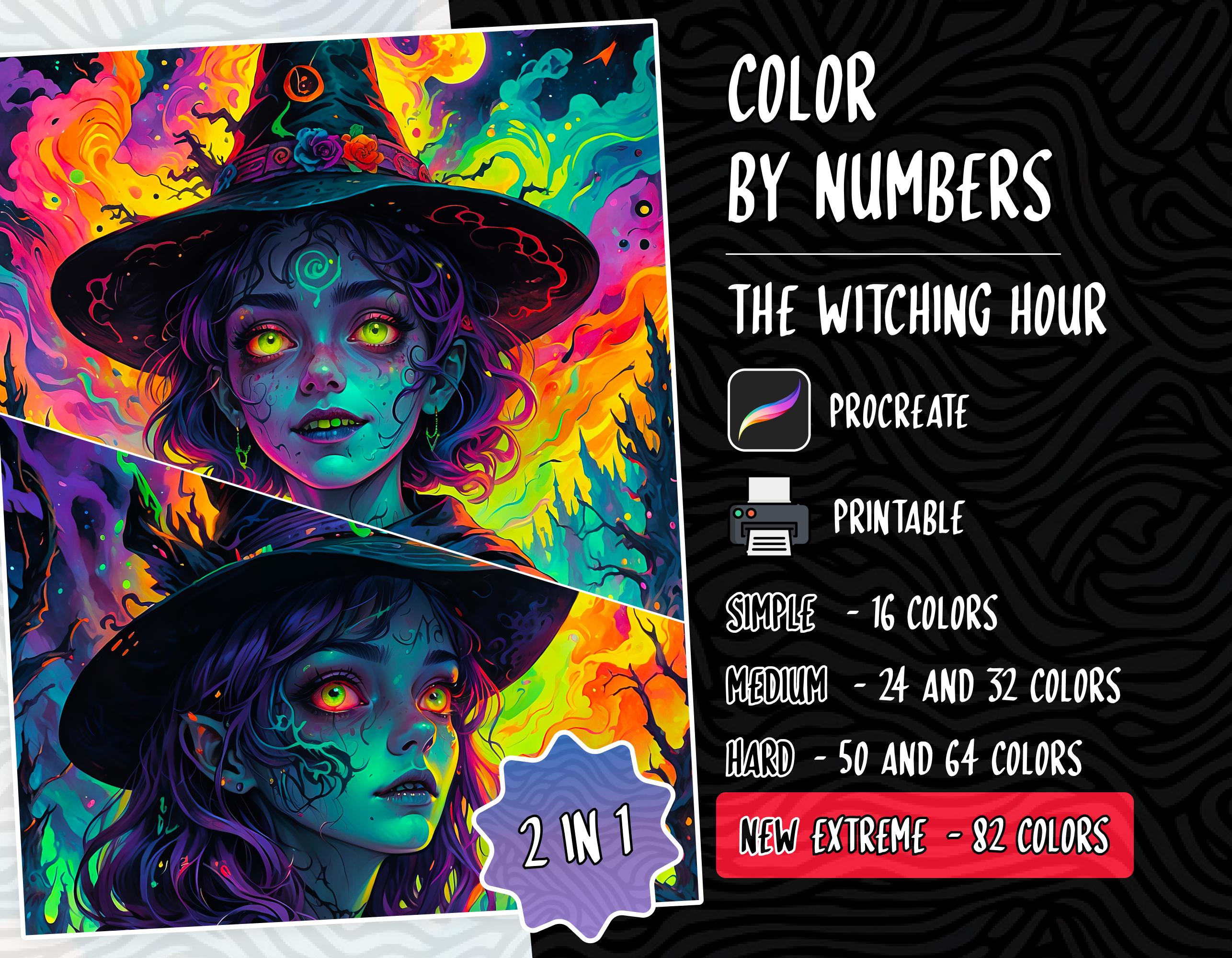 Halloween Color by Numbers Digital Coloring Pages for Adults & Kids | Printable PDF, PNG, SVG, Procreate