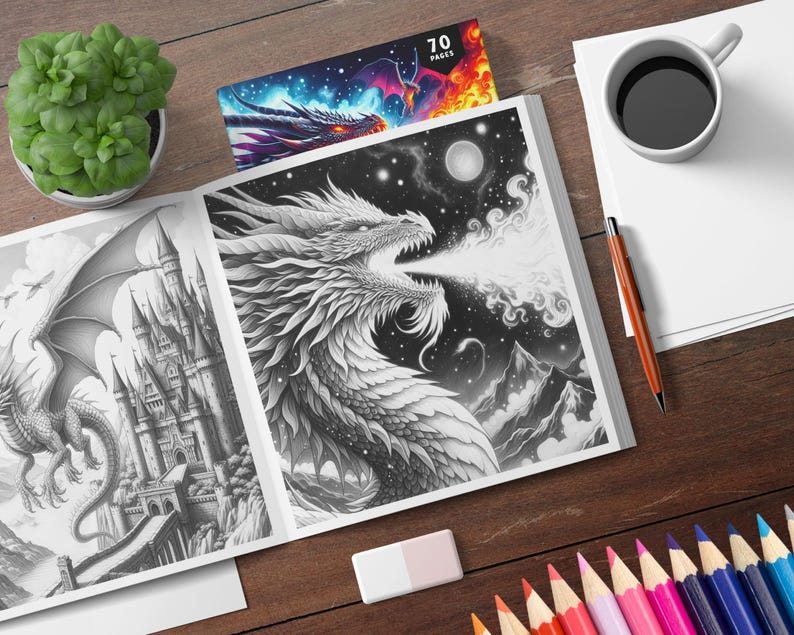 May include: A black and white coloring book with a dragon breathing fire on the cover. The book has 70 pages and is open to a page with a dragon flying over a castle.
