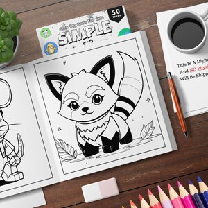 K&ouml;nnte beinhalten: Ein Schwarzwei&szlig;-Malbuch mit einem Fuchs und einer Maus auf dem Cover. Der Titel des Buches lautet "SIMPLE Coloring Book for Kids" und es hat 50 Seiten.
