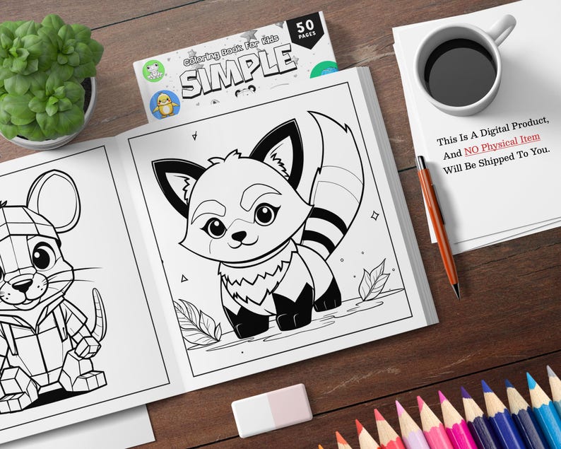 K&ouml;nnte beinhalten: Ein Schwarzwei&szlig;-Malbuch mit einem Fuchs und einer Maus auf dem Cover. Der Titel des Buches lautet "SIMPLE Coloring Book for Kids" und es hat 50 Seiten.
