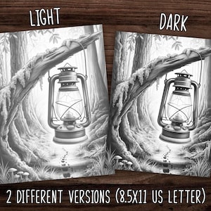 May include: Black and white illustration of a lantern hanging from a tree branch in a forest scene. The image has two versions, light and dark, with the text "LIGHT" and "DARK" at the top. The text "2 DIFFERENT VERSIONS (8.5X11 US LETTER)" is at the bottom.
