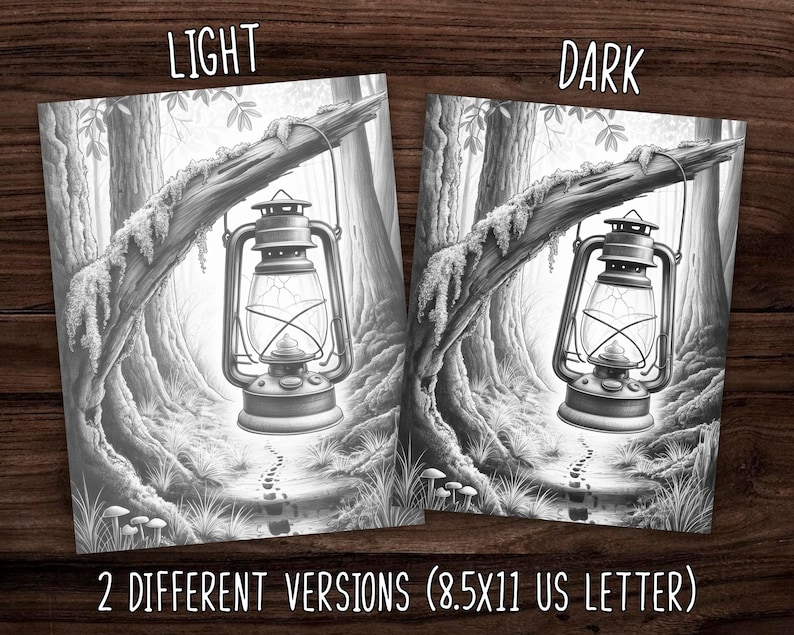 May include: Black and white illustration of a lantern hanging from a tree branch in a forest scene. The image has two versions, light and dark, with the text "LIGHT" and "DARK" at the top. The text "2 DIFFERENT VERSIONS (8.5X11 US LETTER)" is at the bottom.